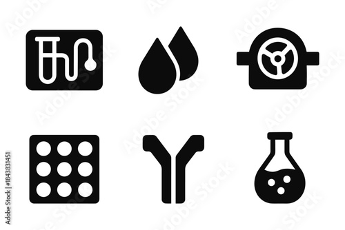 Black silhouette science icons set: lab tools, molecular structure, chemical equipment