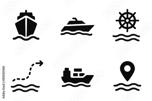 Minimal nautical icons set featuring ships, routes, and navigation symbols