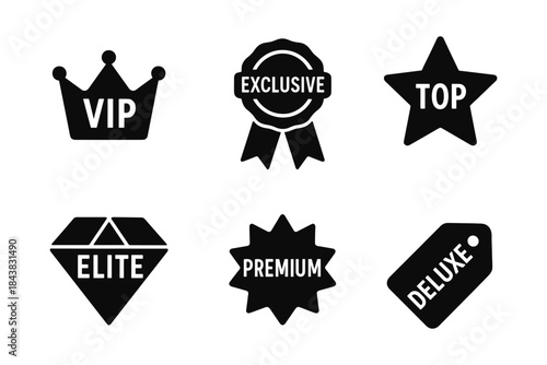 Monochrome badge icons representing vip, top, and premium status