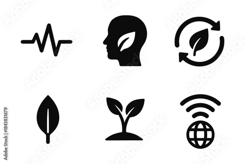 Minimalist eco icons: health, sustainability, growth, and connectivity