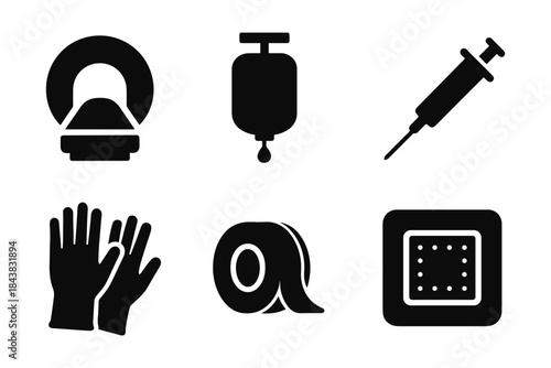Medical equipment silhouette set: mri, iv bag, syringe, gloves, tape, bandage