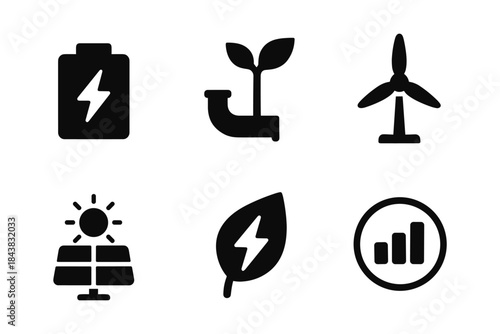 Sustainable energy icons set featuring battery leaf solar power and wind turbine symbols