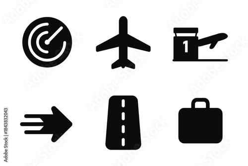 Aviation and travel icons set in bold black silhouette style
