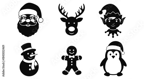 Festive christmas silhouettes featuring santa, reindeer, snowman, elf, gingerbread man, penguin
