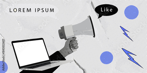 Announcing something digitally a hand holding a megaphone and laptop