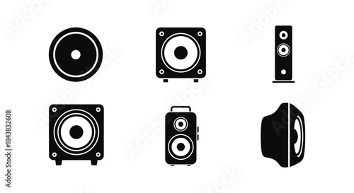 Silhouette speaker icons set: audio equipment illustrations in black and white