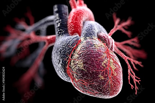 Detailed view of human heart with blood vessels showing structure and function in a medical illustration