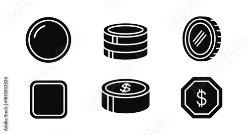 Black and white minimalist coin icons for digital currency projects