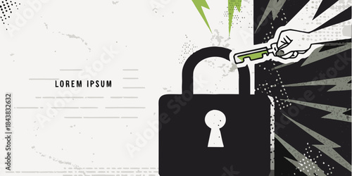 A black padlock being unlocked with a key illustrated with energy bursts