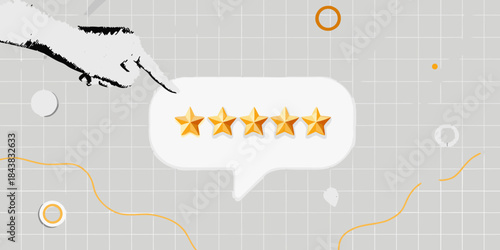 A hand pointing to a speech bubble with five golden stars inside