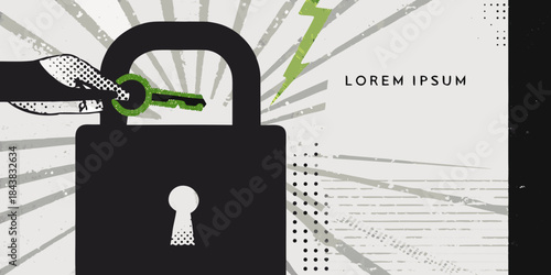 A hand inserting a key into an open padlock symbolizing access and security