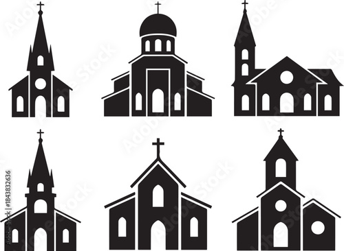 Church silhouette collection, black vector icons, religious architecture graphic, steeples and crosses, chapel design set, historic worship building clipart