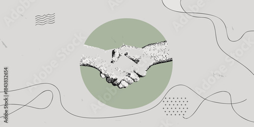 A symbolic illustration of a handshake within a muted green circle design