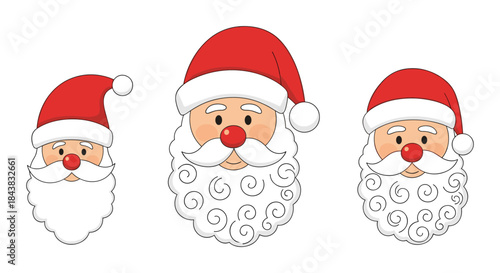 Festive santa claus faces in red hats with white beards on a white background