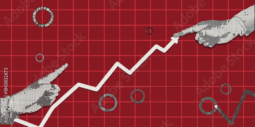 Hands pointing at a rising graph with circles on a red grid background