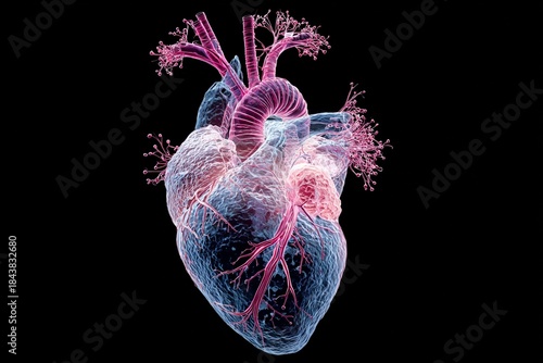 Detailed view of a human heart with intricate blood vessels and structures on a black background