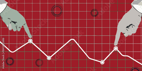Hands pointing at a fluctuating line graph on a red grid background