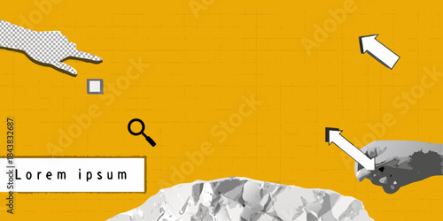 Abstract composition with hands arrows and torn paper on yellow background