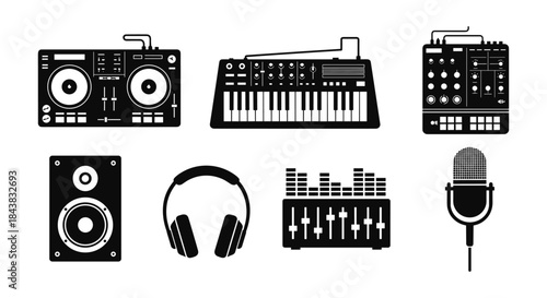Retro music equipment collection featuring dj setup, synth, and microphone icons