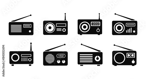 Retro radio silhouette icons set: vintage broadcast devices in black and white