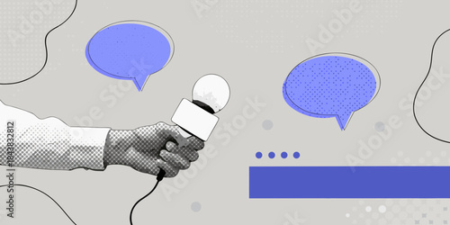 Interview in progress a hand holding a microphone near speech bubbles