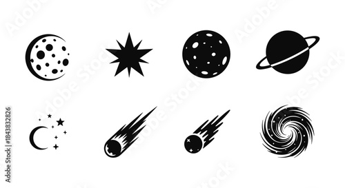 Minimalist celestial icons set: planets, stars, and comets in black and white