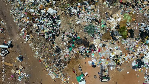 aerial view over a landfill dump site garbage in Africa, environmental damage