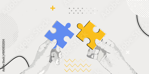 Hands connecting puzzle pieces representing collaboration and problem solving concepts