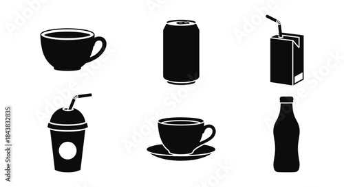 Silhouette beverage icons: cups, cans, and bottles for modern design projects