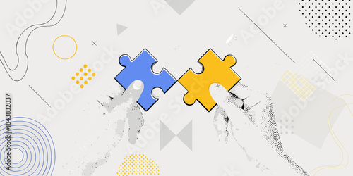 Hands connecting puzzle pieces with abstract geometric shapes in the background