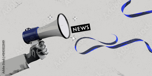 A hand holding a megaphone announcing news with swirling ribbons