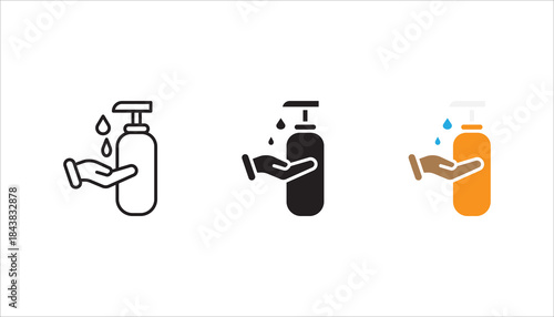Washing hand with sanitizer liquid soap vector line icon set.