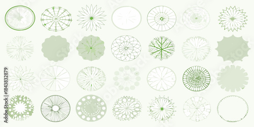 An assortment of green circular designs and patterns arranged on a light background