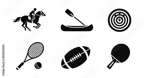 Silhouette icons of popular sports: horseback riding, canoeing, archery, tennis, rugby, and ping pong