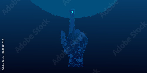 A futuristic polygonal hand reaches towards a glowing blue orb in darkness