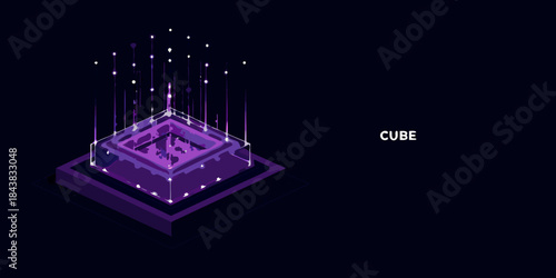 Abstract purple glowing cube with digital particles against a dark backdrop