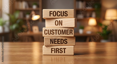 Decorative wooden blocks with motivational message focusing on customer needs priorities