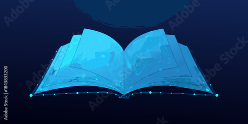 An open book with glowing light and digital data streams inside