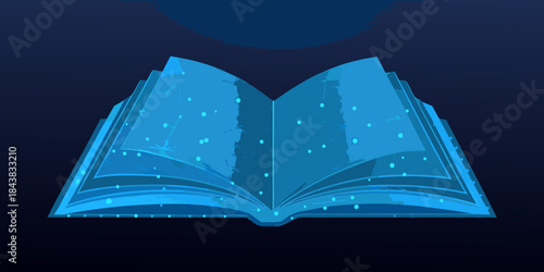 An open book emitting a magical glow with sparkling light particles