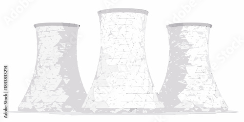 Three gray cooling towers with a textured distressed concrete appearance