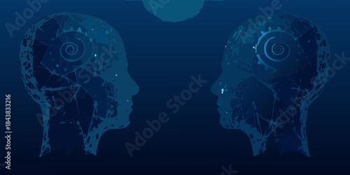 Digital minds Two robotic heads with internal mechanisms in a dark blue setting