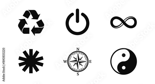 Collection of common symbol designs including recycle, power, infinity, asterisk, compass, yin yang