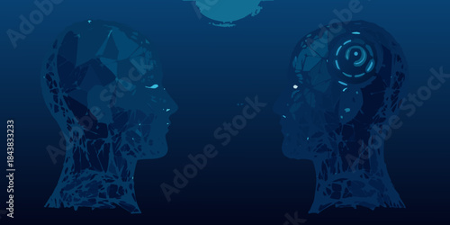 Two polygonal heads facing each other in a deep blue underwater scene