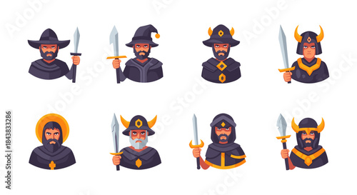 Medieval fantasy characters in flat style with swords and armor