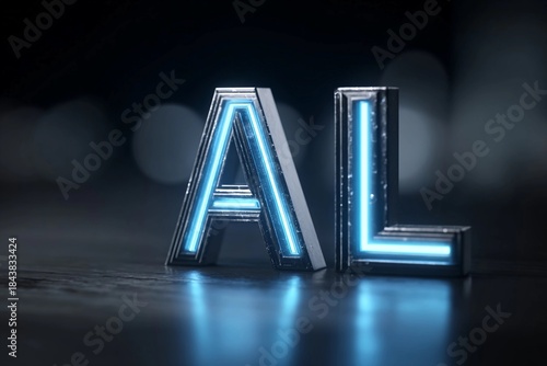 Neon letters 'A' and 'L' shine brightly on a dark surface in a modern setting with soft background lighting