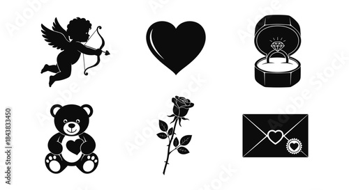 Romantic symbols set: cupid, heart, ring, bear, rose, love letter in silhouette
