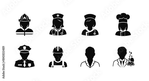 Profession silhouettes: essential worker icons set in simple black style