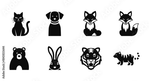 Silhouette animal icons: cat, dog, fox, bear, rabbit, tiger, panda for stylish designs