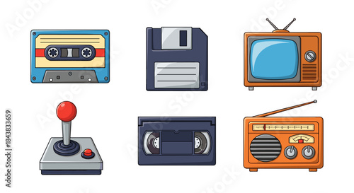 Retro electronics collection: cassette, floppy disk, tv, joystick, vhs, radio