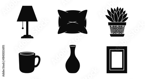 Home decor silhouettes: lamp, pillow, plant, mug, vase, frame
